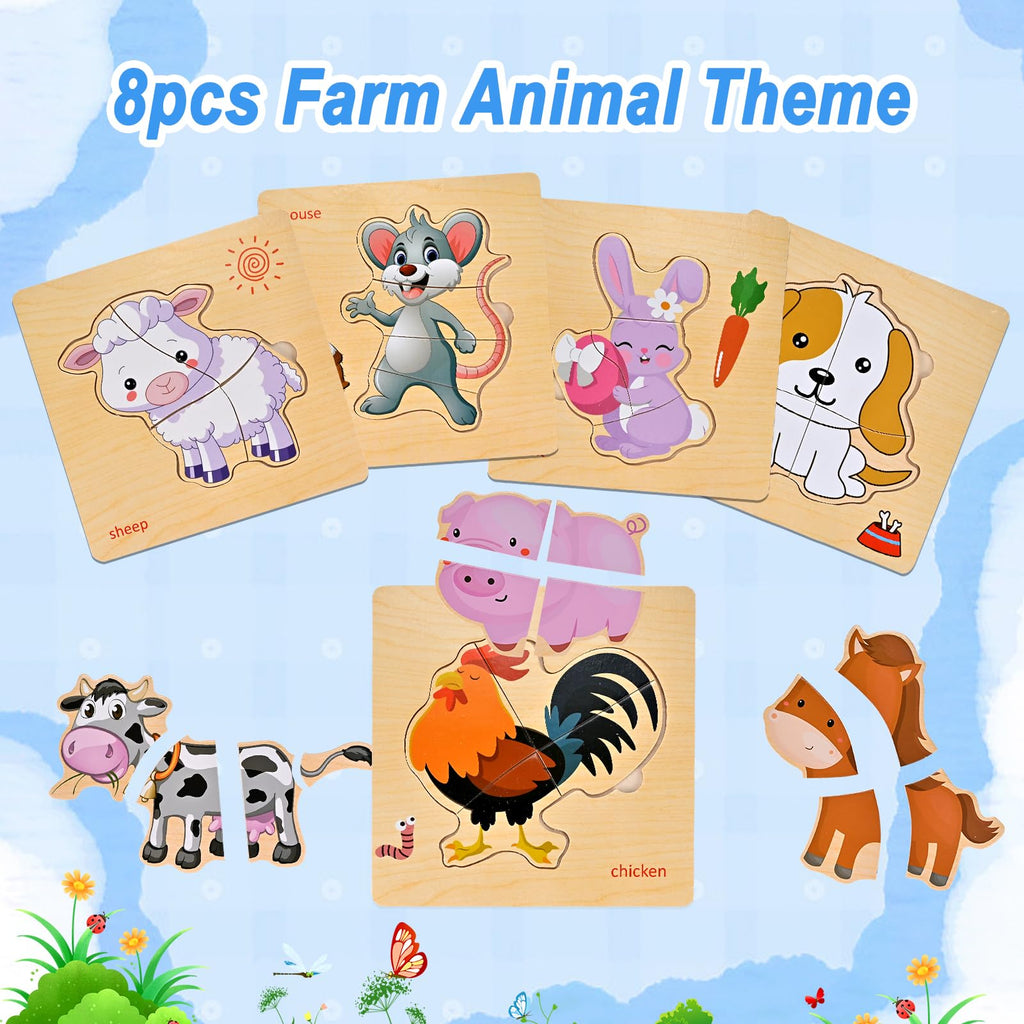 Farm Animal Wooden Puzzles for Toddlers 1-4 - 8-Piece Montessori Jigsaw Set by Faburo