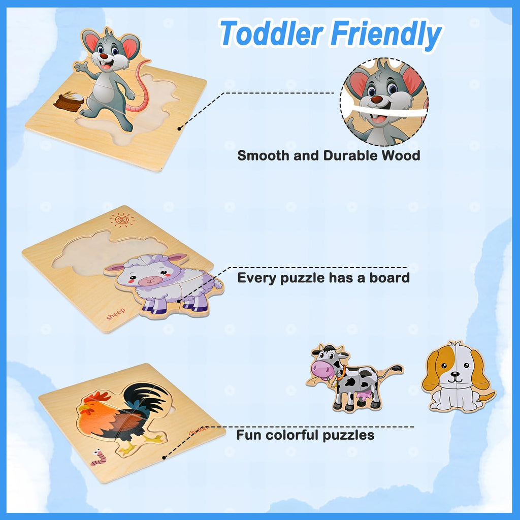 Farm Animal Wooden Puzzles for Toddlers 1-4 - 8-Piece Montessori Jigsaw Set by Faburo