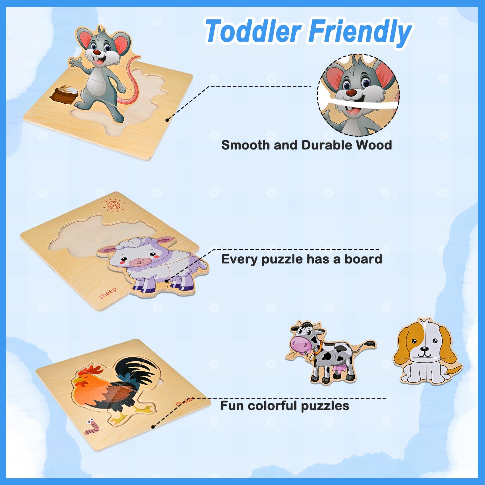 Farm Animal Wooden Puzzles for Toddlers 1-4 - 8-Piece Montessori Jigsaw Set by Faburo