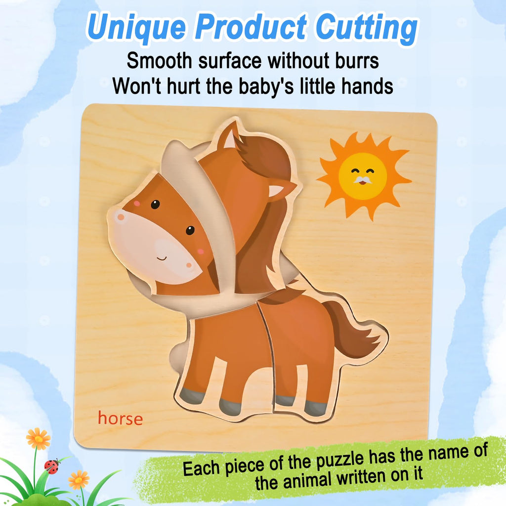 Farm Animal Wooden Puzzles for Toddlers 1-4 - 8-Piece Montessori Jigsaw Set by Faburo