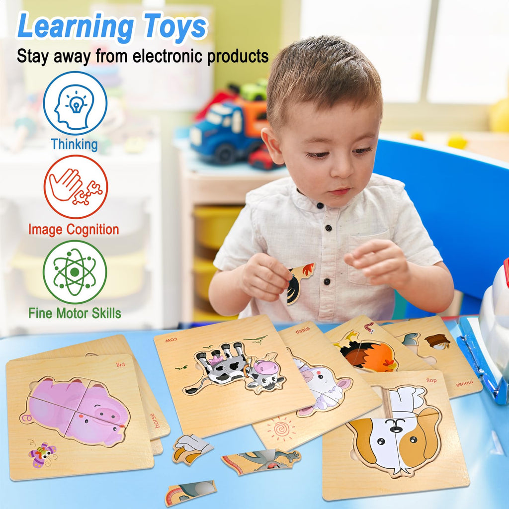 Farm Animal Wooden Puzzles for Toddlers 1-4 - 8-Piece Montessori Jigsaw Set by Faburo