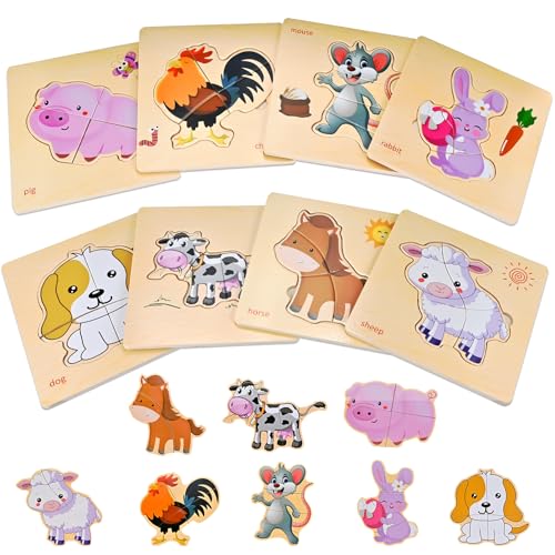 Farm Animal Wooden Puzzles for Toddlers 1-4 - 8-Piece Montessori Jigsaw Set by Faburo