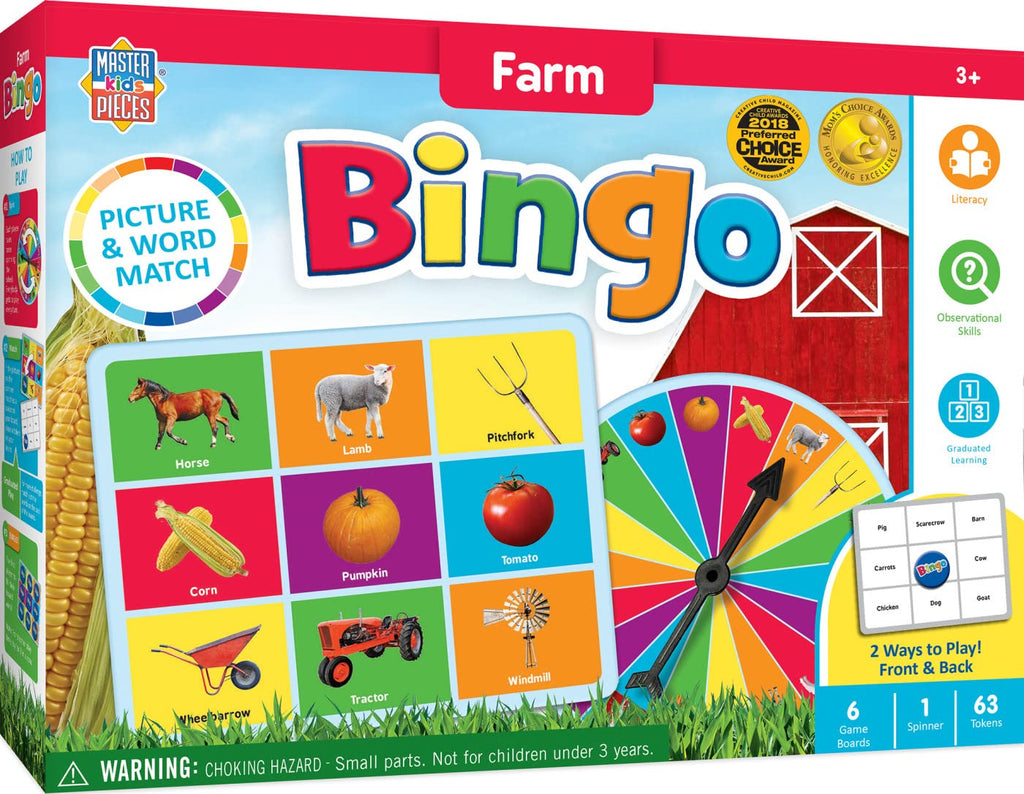 Farm Bingo Game for Kids Ages 3+ – Family Board Game with Spinner, 6 Boards & 60 Tokens