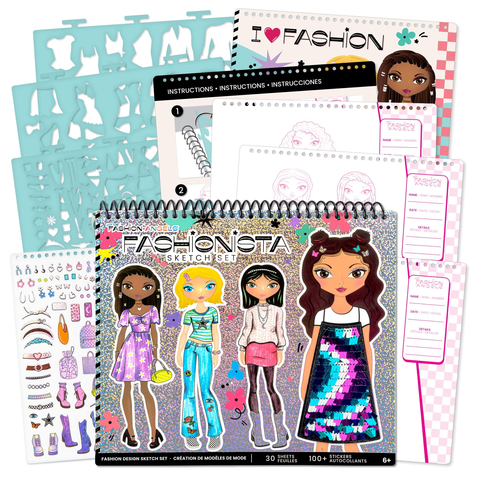 Fashion Angels Fashion Design Sketch Portfolio – 40 Sheets, Stencils & Stickers for Kids Ages 6+