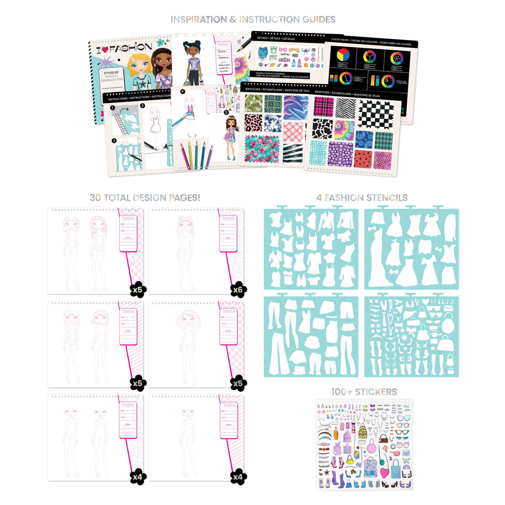 Fashion Angels Fashion Design Sketch Portfolio – 40 Sheets, Stencils & Stickers for Kids Ages 6+