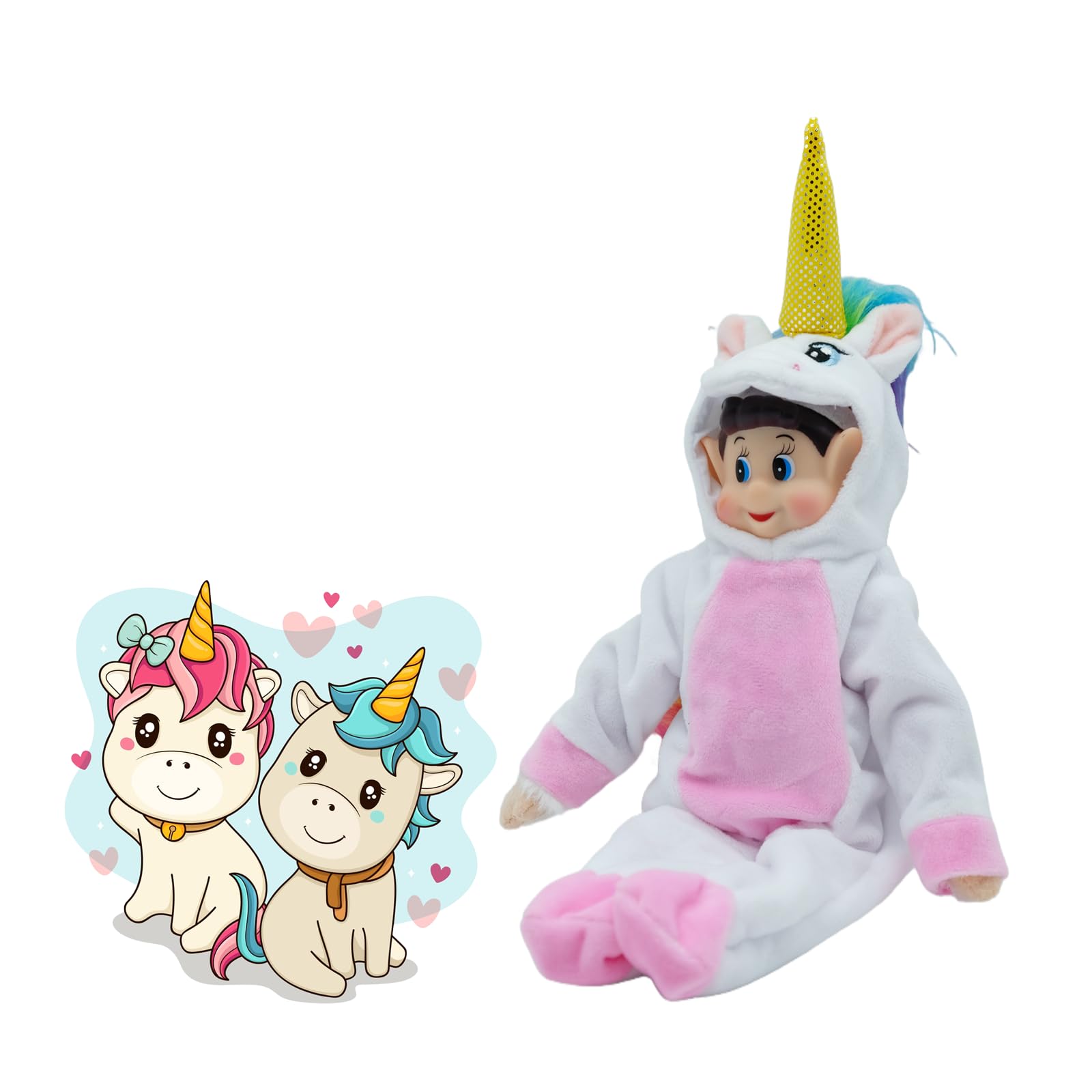 Fayelfland Unicorn Costume for 12-Inch Elf Dolls – White Christmas Outfit with Hat, CPC Certified