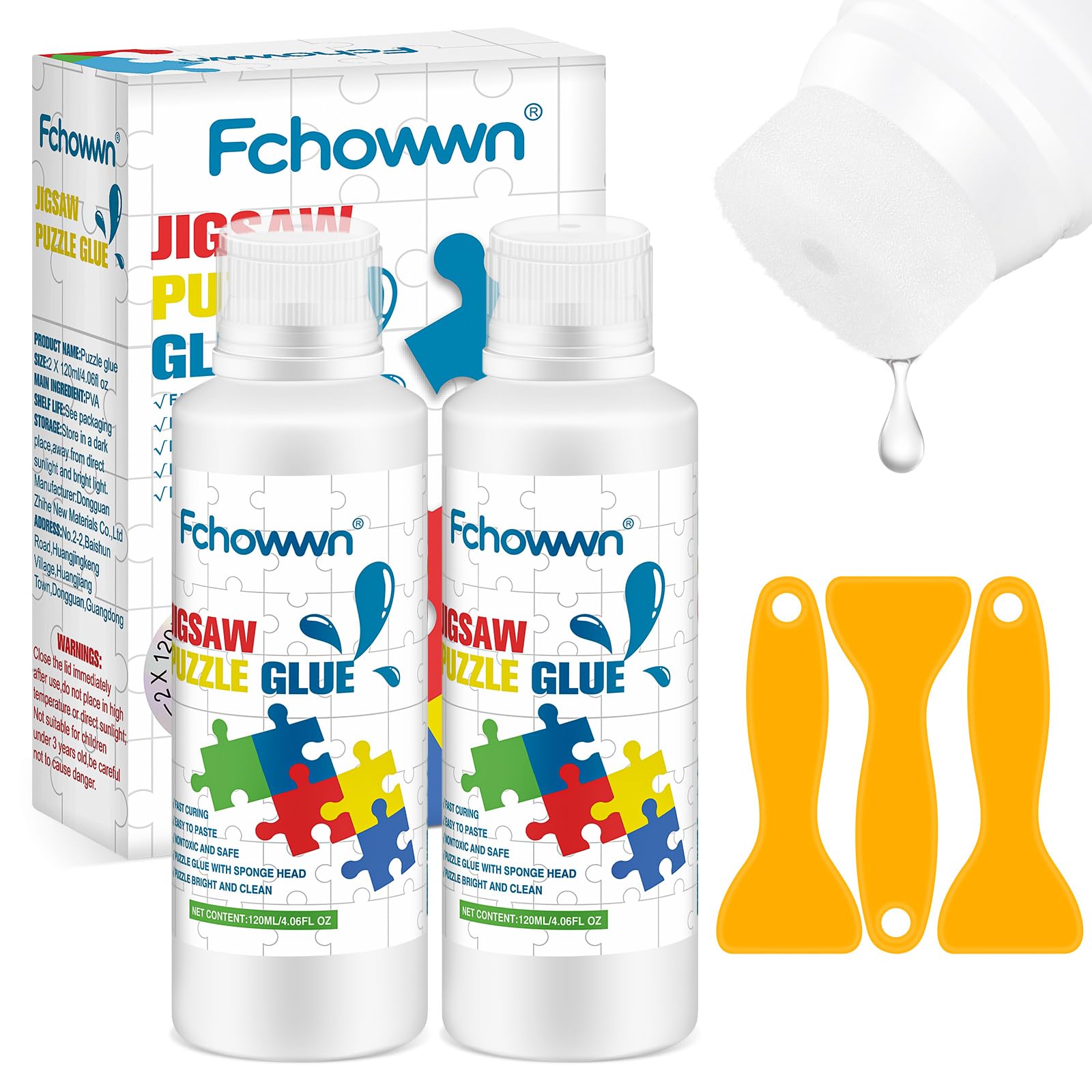 Fchowwn Jigsaw Puzzle Glue – 2 Pack 120ml Non-Toxic PVA Adhesive with Sponge Applicator for Preserving Puzzles