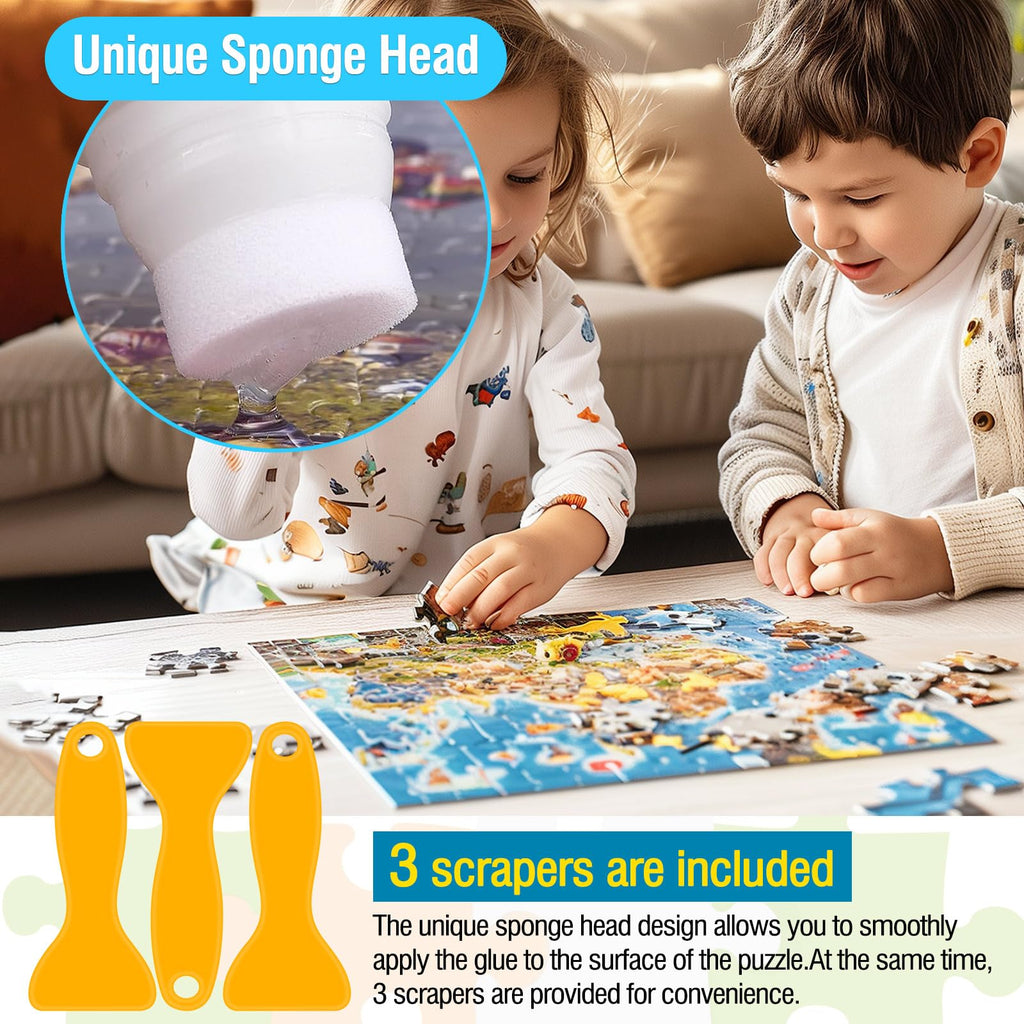 Fchowwn Jigsaw Puzzle Glue – 2 Pack 120ml Non-Toxic PVA Adhesive with Sponge Applicator for Preserving Puzzles