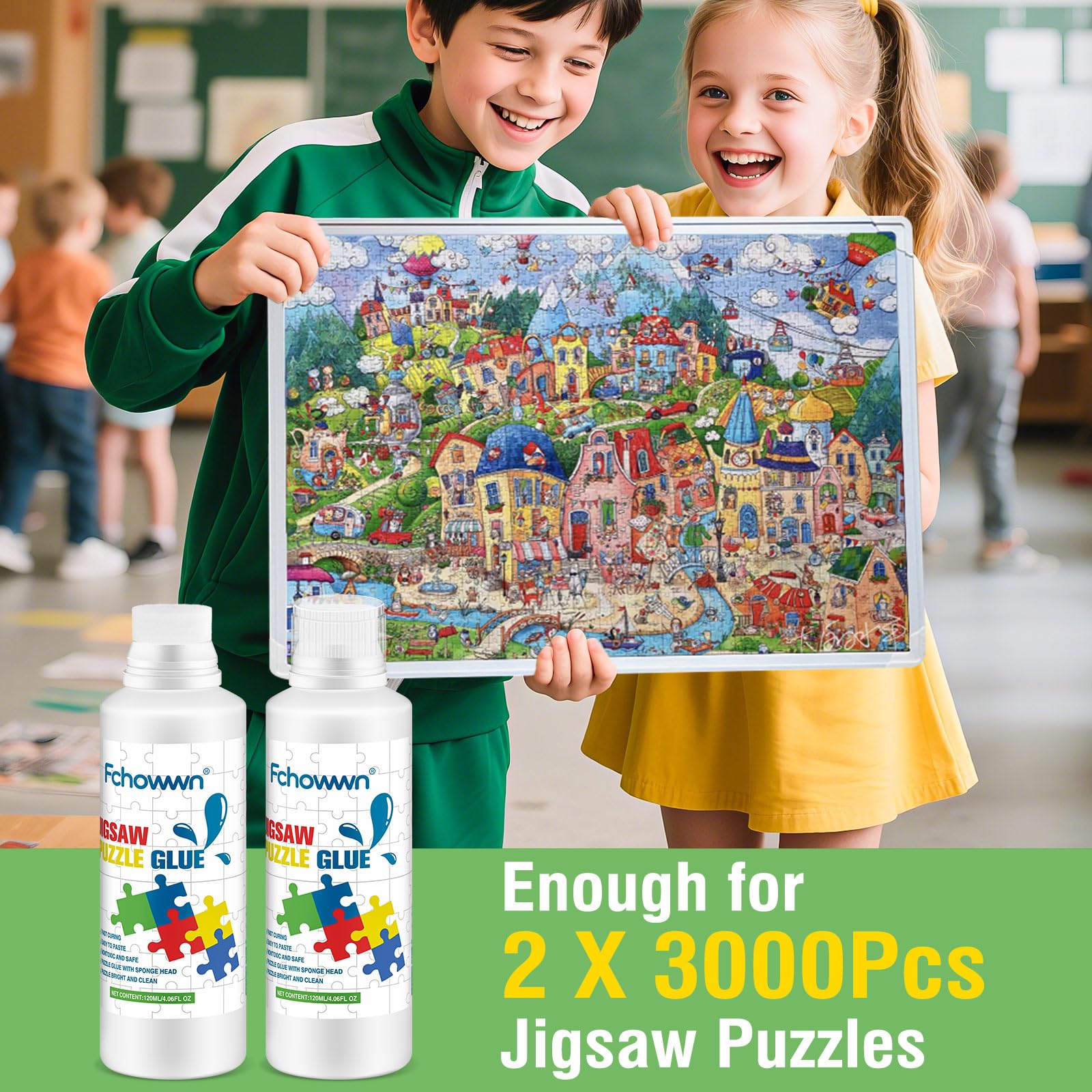Fchowwn Jigsaw Puzzle Glue – 2 Pack 120ml Non-Toxic PVA Adhesive with Sponge Applicator for Preserving Puzzles