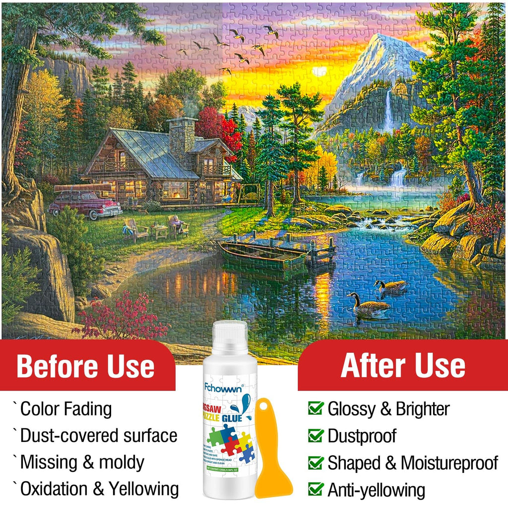Fchowwn Jigsaw Puzzle Glue – 2 Pack 120ml Non-Toxic PVA Adhesive with Sponge Applicator for Preserving Puzzles