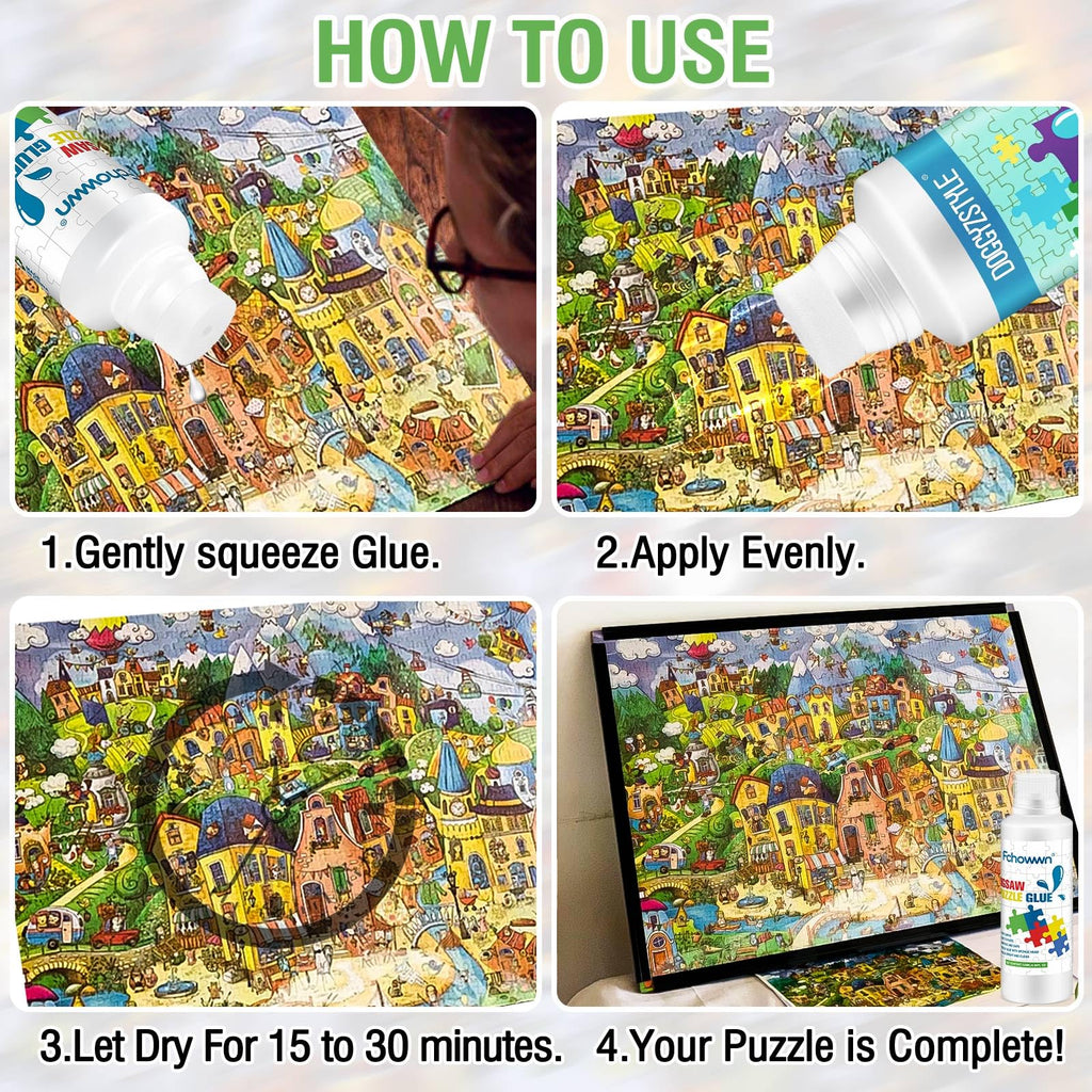 Fchowwn Jigsaw Puzzle Glue – 2 Pack 120ml Non-Toxic PVA Adhesive with Sponge Applicator for Preserving Puzzles