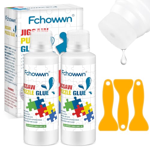 Fchowwn Jigsaw Puzzle Glue – 2 Pack 120ml Non-Toxic PVA Adhesive with Sponge Applicator for Preserving Puzzles