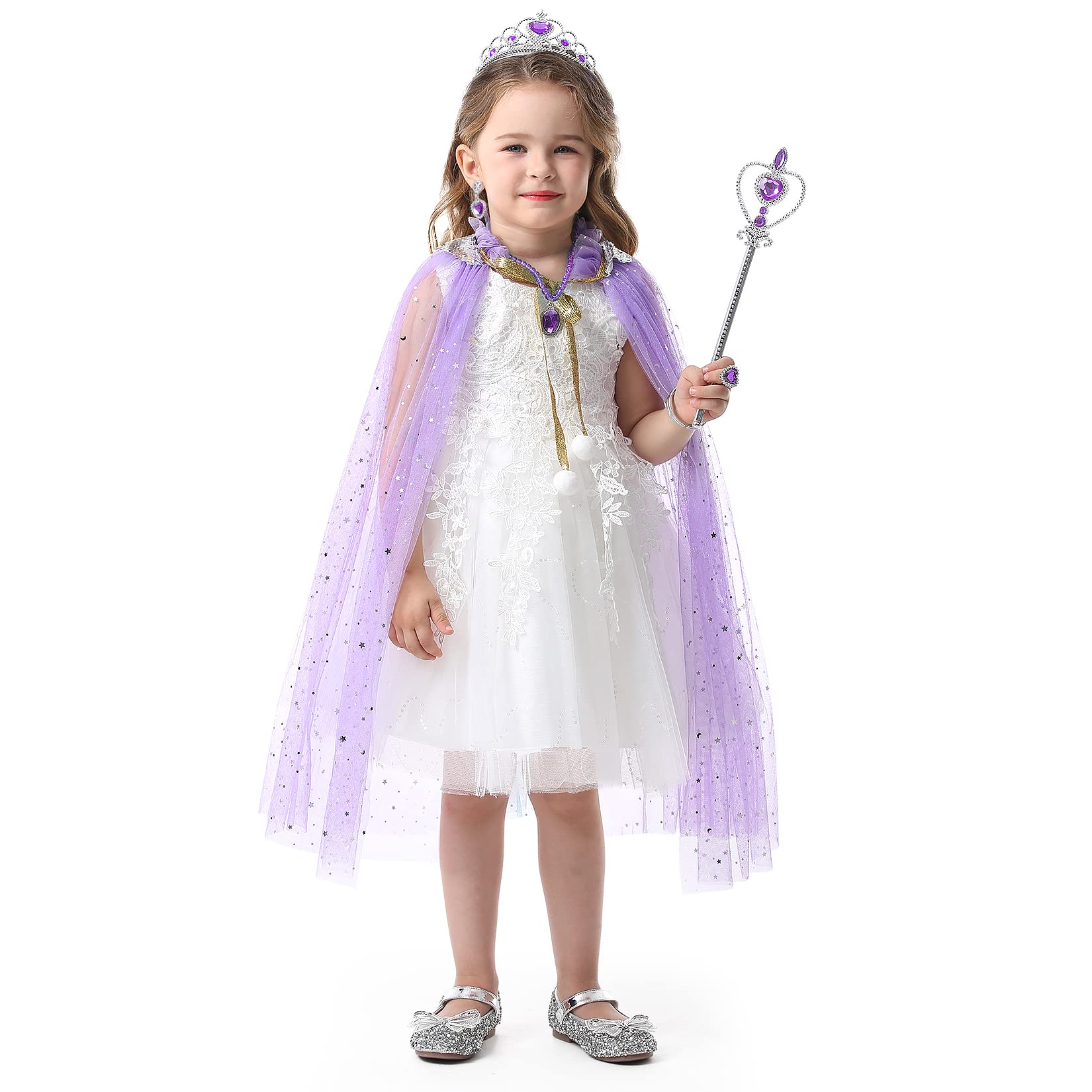 Fedio 7-Piece Princess Cape Set with Tiara, Wand, and Jewelry - Purple