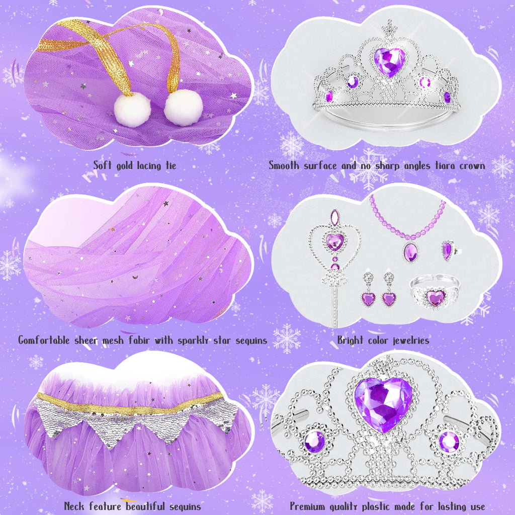 Fedio 7-Piece Princess Cape Set with Tiara, Wand, and Jewelry - Purple