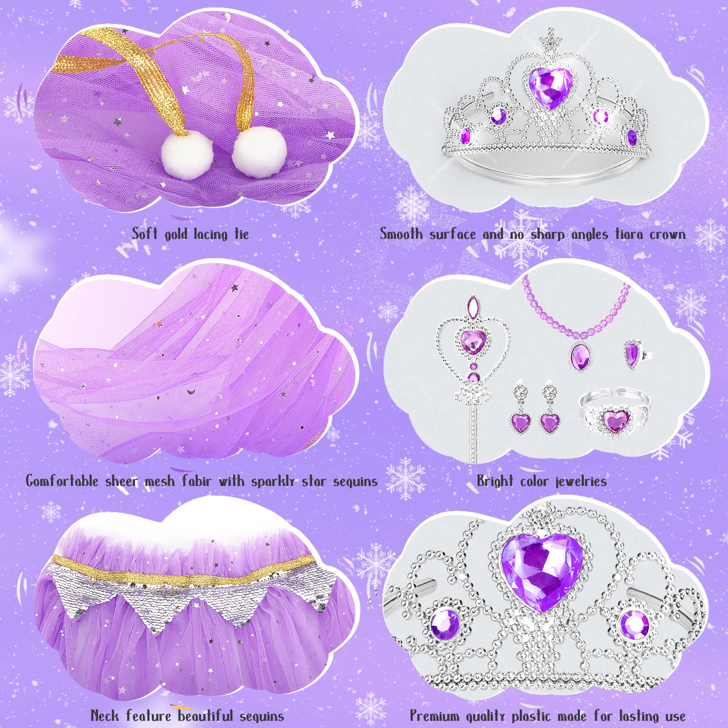 Fedio 7-Piece Princess Cape Set with Tiara, Wand, and Jewelry - Purple