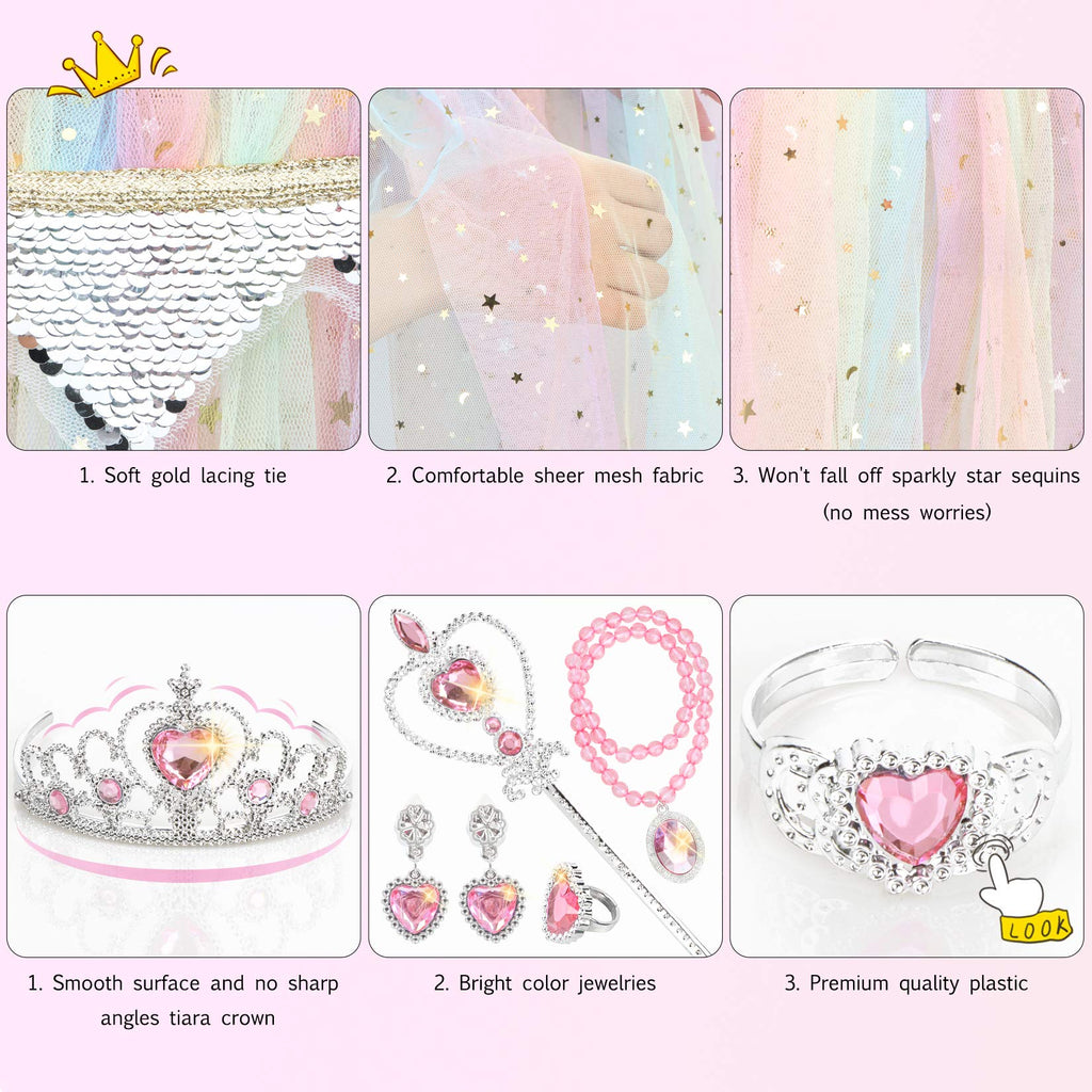 Fedio Princess Cape Set 7 Pieces Girls Princess Cloak with Tiara Crown, Wand for Little Girls Dress up (Rainbow)