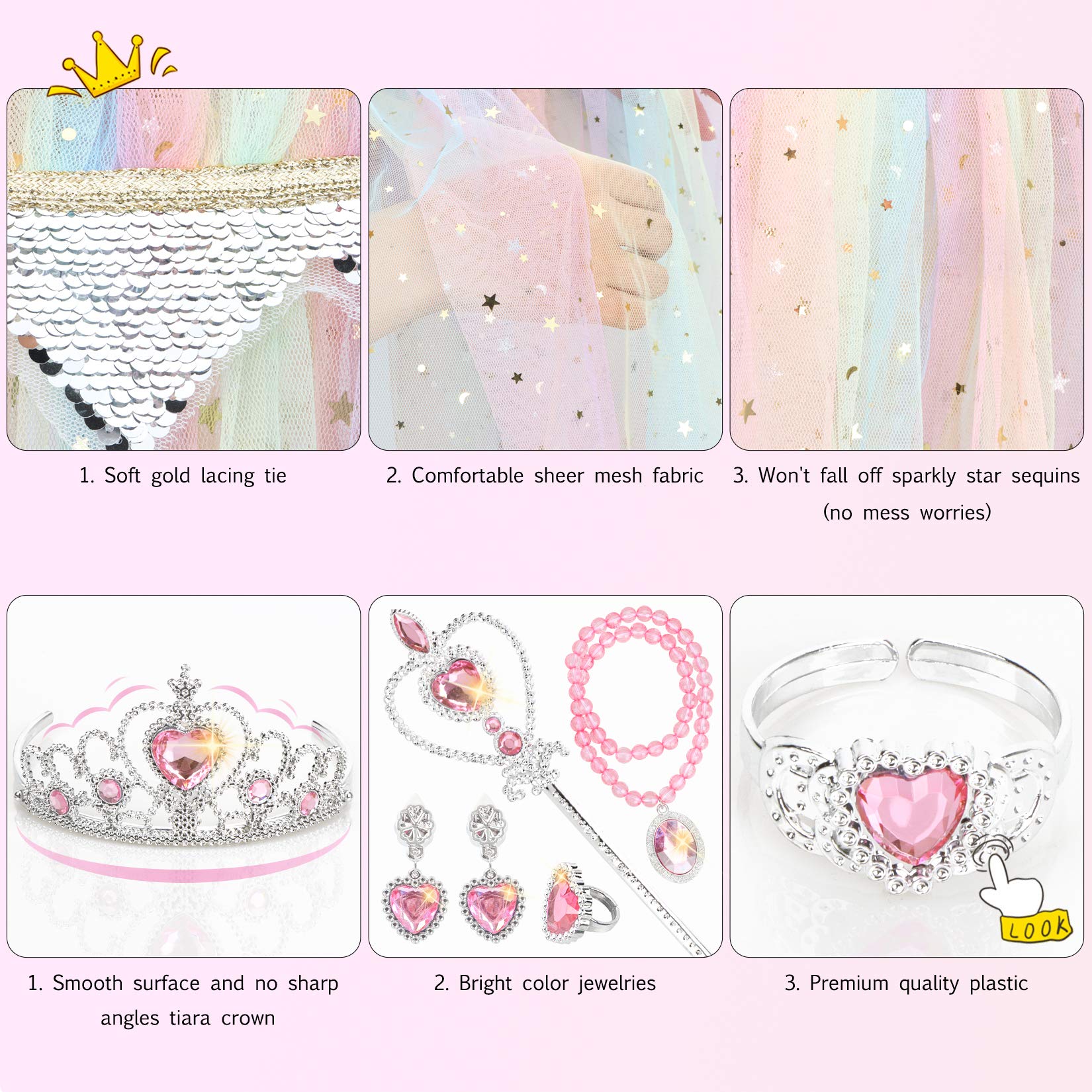 Fedio Princess Cape Set 7 Pieces Girls Princess Cloak with Tiara Crown, Wand for Little Girls Dress up (Rainbow)