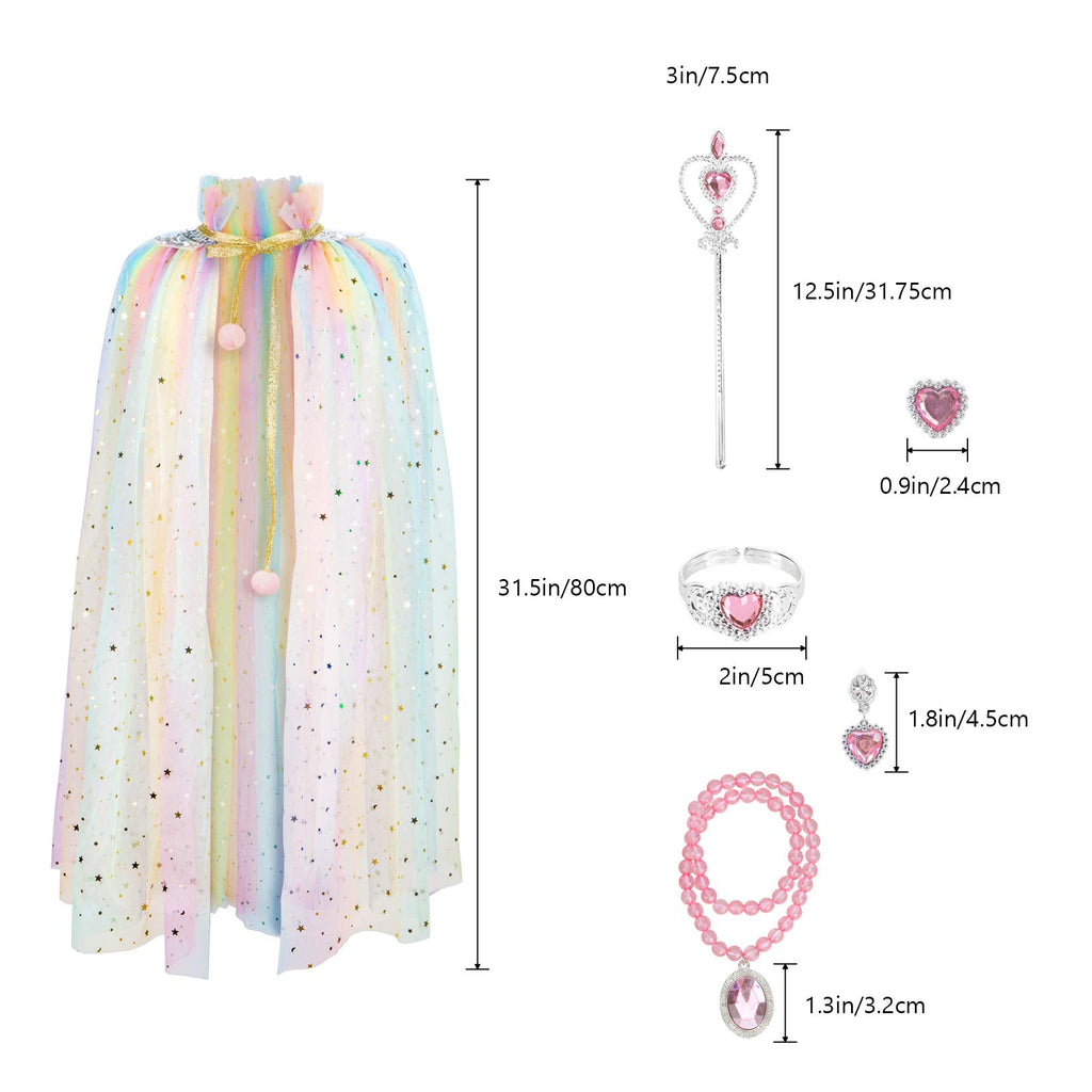 Fedio Princess Cape Set 7 Pieces Girls Princess Cloak with Tiara Crown, Wand for Little Girls Dress up (Rainbow)