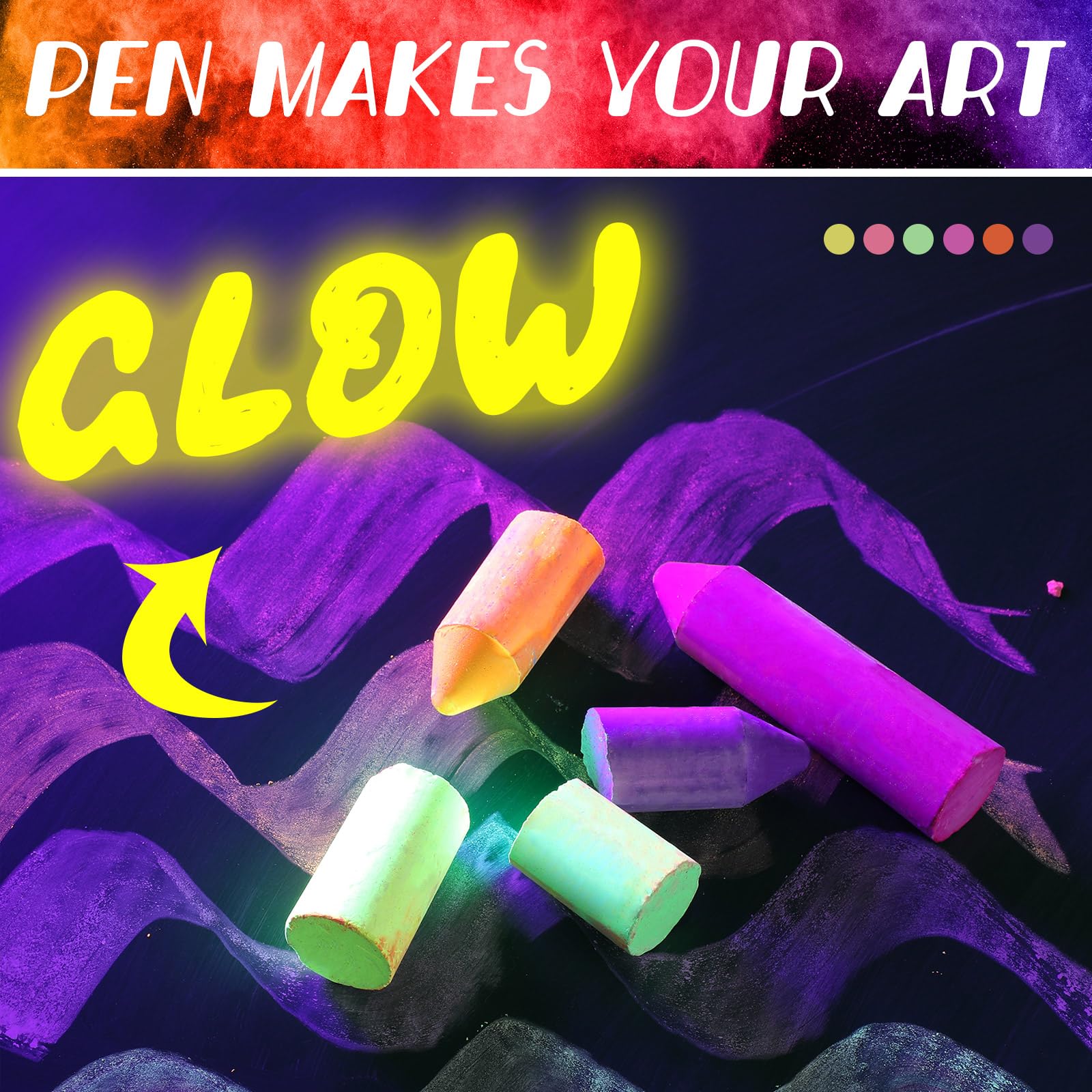 Feifeiya 12-Pack Glow in the Dark Neon Chalk – 6 UV-Reactive Colors, Washable & Low Dust for Blacklight Parties and Outdoor Art