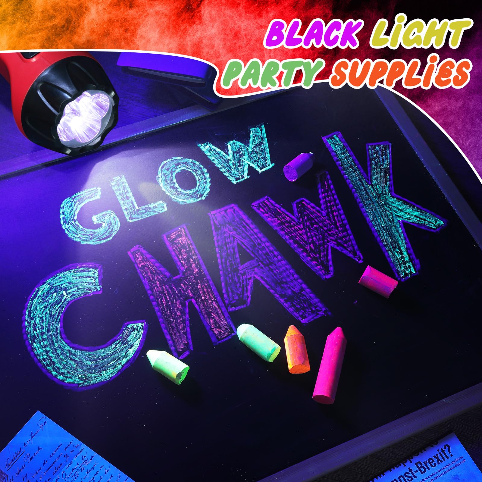 Feifeiya 12-Pack Glow in the Dark Neon Chalk – 6 UV-Reactive Colors, Washable & Low Dust for Blacklight Parties and Outdoor Art