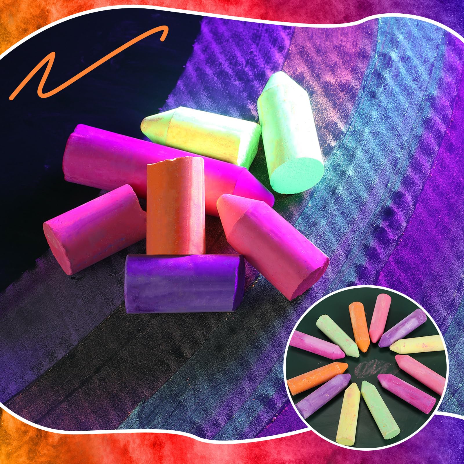 Feifeiya 12-Pack Glow in the Dark Neon Chalk – 6 UV-Reactive Colors, Washable & Low Dust for Blacklight Parties and Outdoor Art