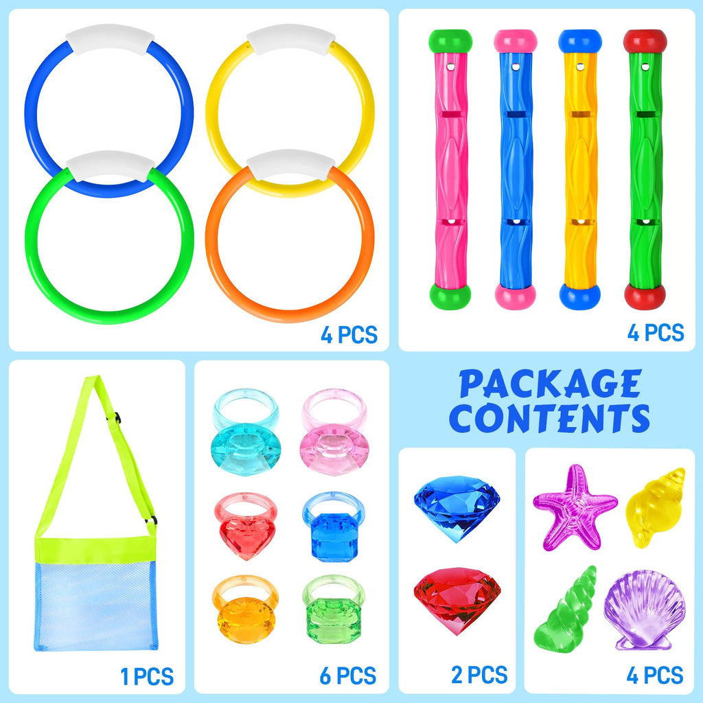 Feivando 20-Piece Pool Diving Toys Set for Kids – Rings, Sticks, Gems & Storage Bag for Summer Water Games