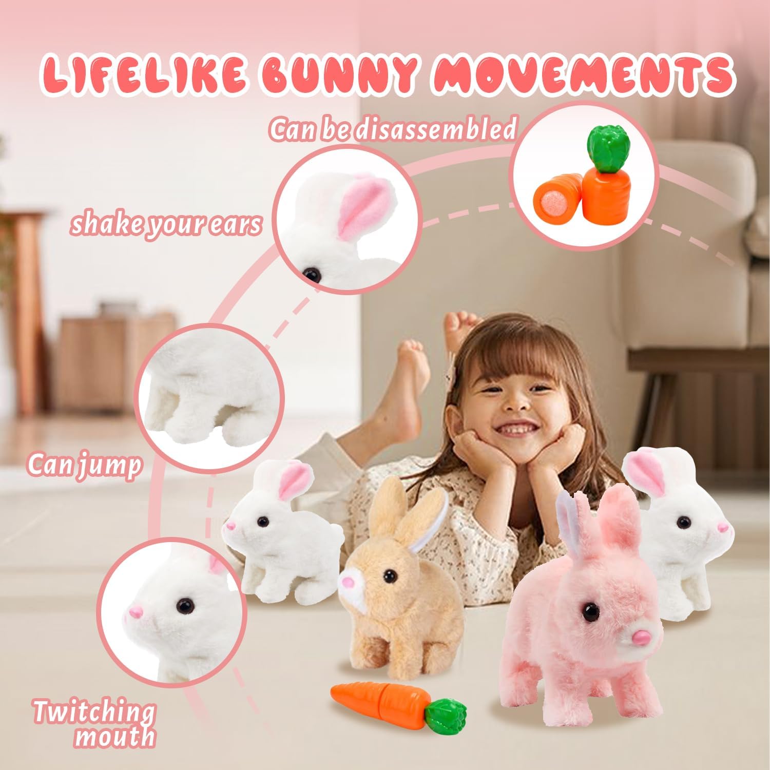 Feknnedm Hopping Bunny Toy – Interactive Easter Plush with Sounds, Jumping, and Twitching Ears (Brown+White)