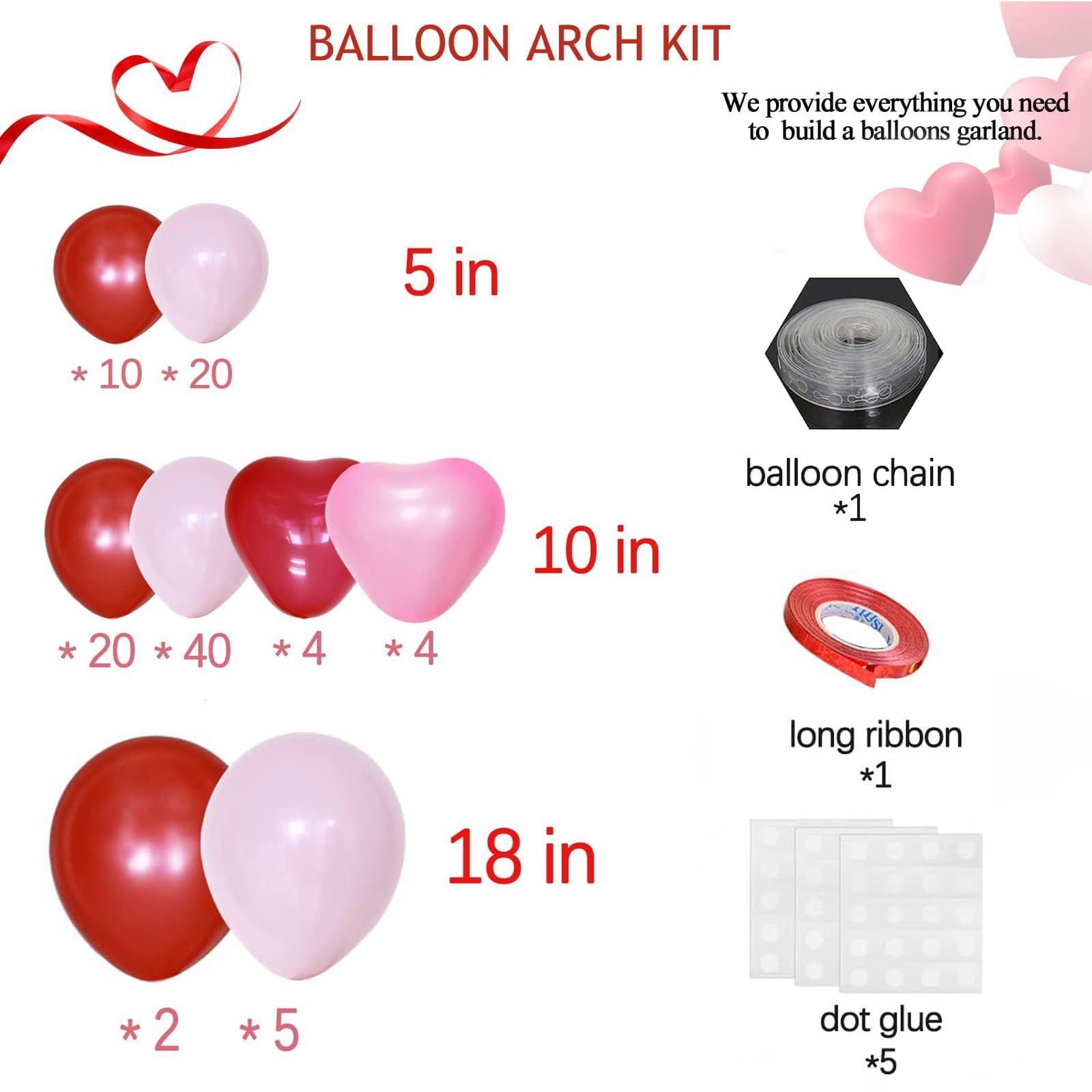 Felice Arts Pink Red Balloon Garland Arch Kit with Heart Balloons for Mother's Day, Valentine's Day, Wedding and Proposal Decorations