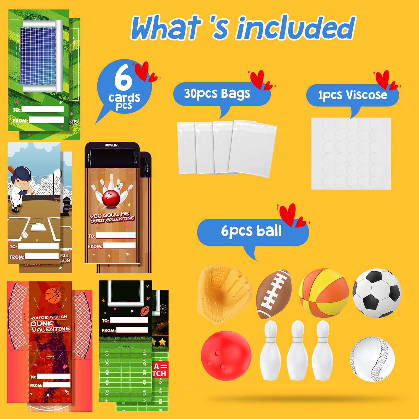 Feltom Valentine Cards for Kids – 30 Mini Sports Ball Erasers with 3D Foldable Cards for Classroom Exchange
