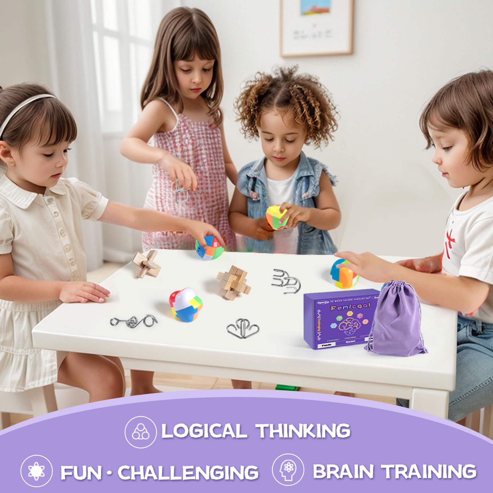 Femicgal 10-Piece Brain Teaser Puzzles Set for Adults and Kids - 3D Wooden, Plastic, and Metal Puzzle Games with Storage Bag