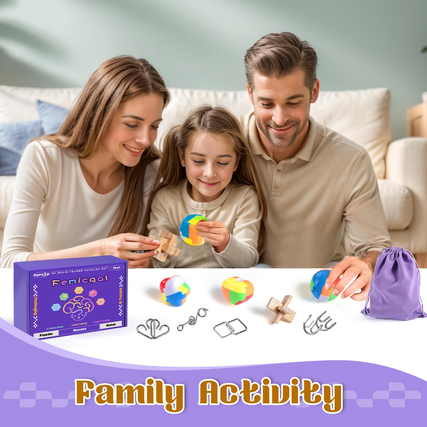 Femicgal 10-Piece Brain Teaser Puzzles Set for Adults and Kids - 3D Wooden, Plastic, and Metal Puzzle Games with Storage Bag