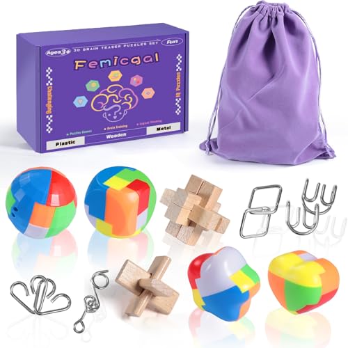 Femicgal 10-Piece Brain Teaser Puzzles Set for Adults and Kids - 3D Wooden, Plastic, and Metal Puzzle Games with Storage Bag