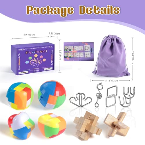 Femicgal 10-Piece Brain Teaser Puzzles Set for Adults and Kids - 3D Wooden, Plastic, and Metal Puzzle Games with Storage Bag
