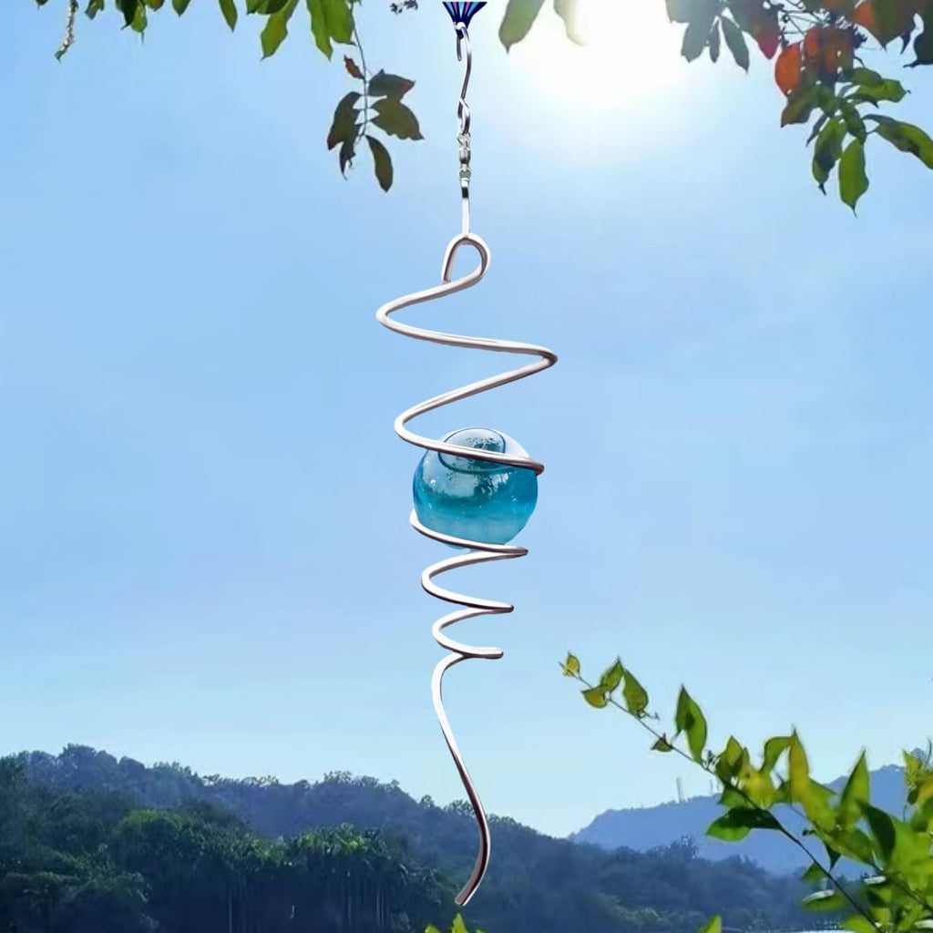 FENELY Gazing Ball Wind Spinner – Wathet Crystal Glass Orb & Stainless Steel Spiral Tail for Garden Decor