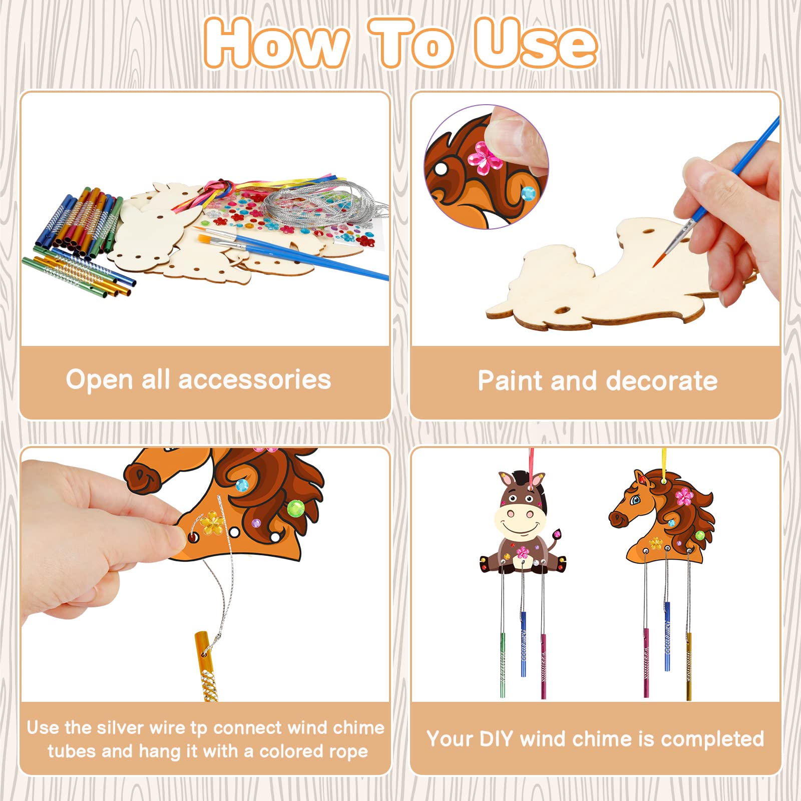 Fennoral 8-Pack Kids Wind Chime Craft Kit - Horse Head Wooden DIY Project for Girls and Boys