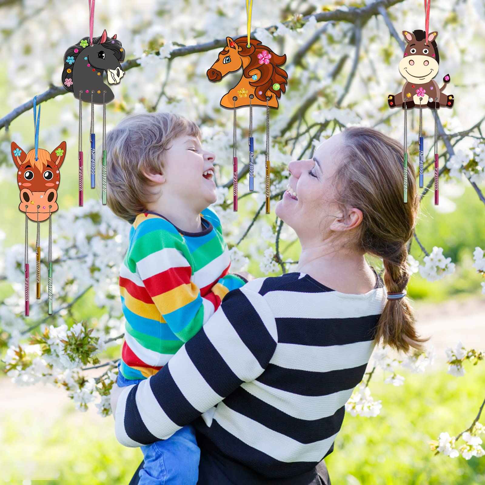 Fennoral 8-Pack Kids Wind Chime Craft Kit - Horse Head Wooden DIY Project for Girls and Boys