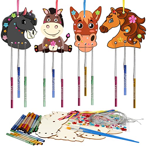 Fennoral 8-Pack Kids Wind Chime Craft Kit - Horse Head Wooden DIY Project for Girls and Boys