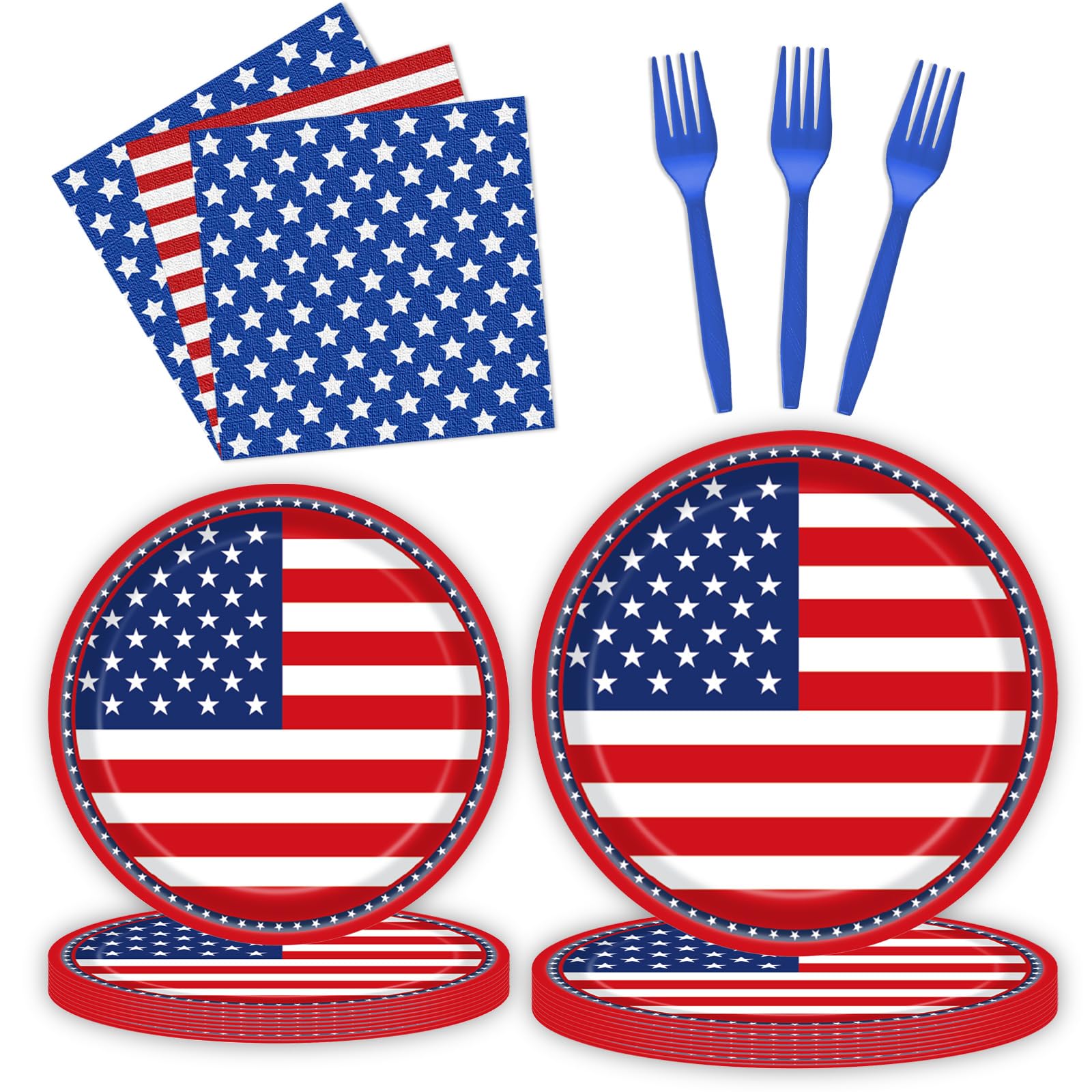 Fesciory 96-Piece American Flag Patriotic Party Supplies Set – Plates, Napkins, Forks for 24 Guests
