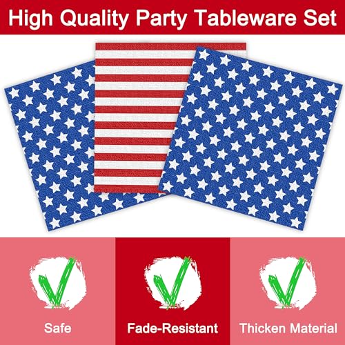 Fesciory 96-Piece American Flag Patriotic Party Supplies Set – Plates, Napkins, Forks for 24 Guests
