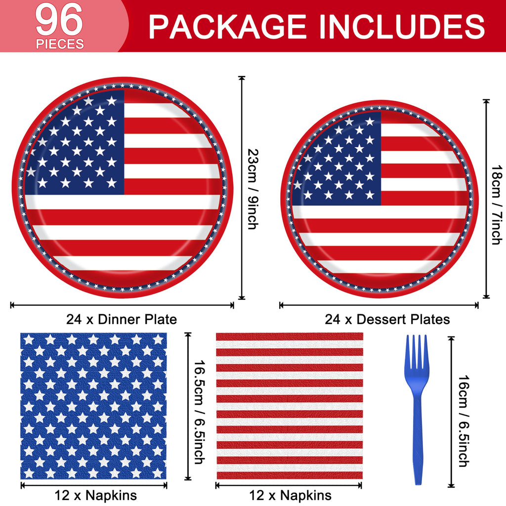 Fesciory 96-Piece American Flag Patriotic Party Supplies Set – Plates, Napkins, Forks for 24 Guests