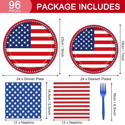 Fesciory 96-Piece American Flag Patriotic Party Supplies Set – Plates, Napkins, Forks for 24 Guests