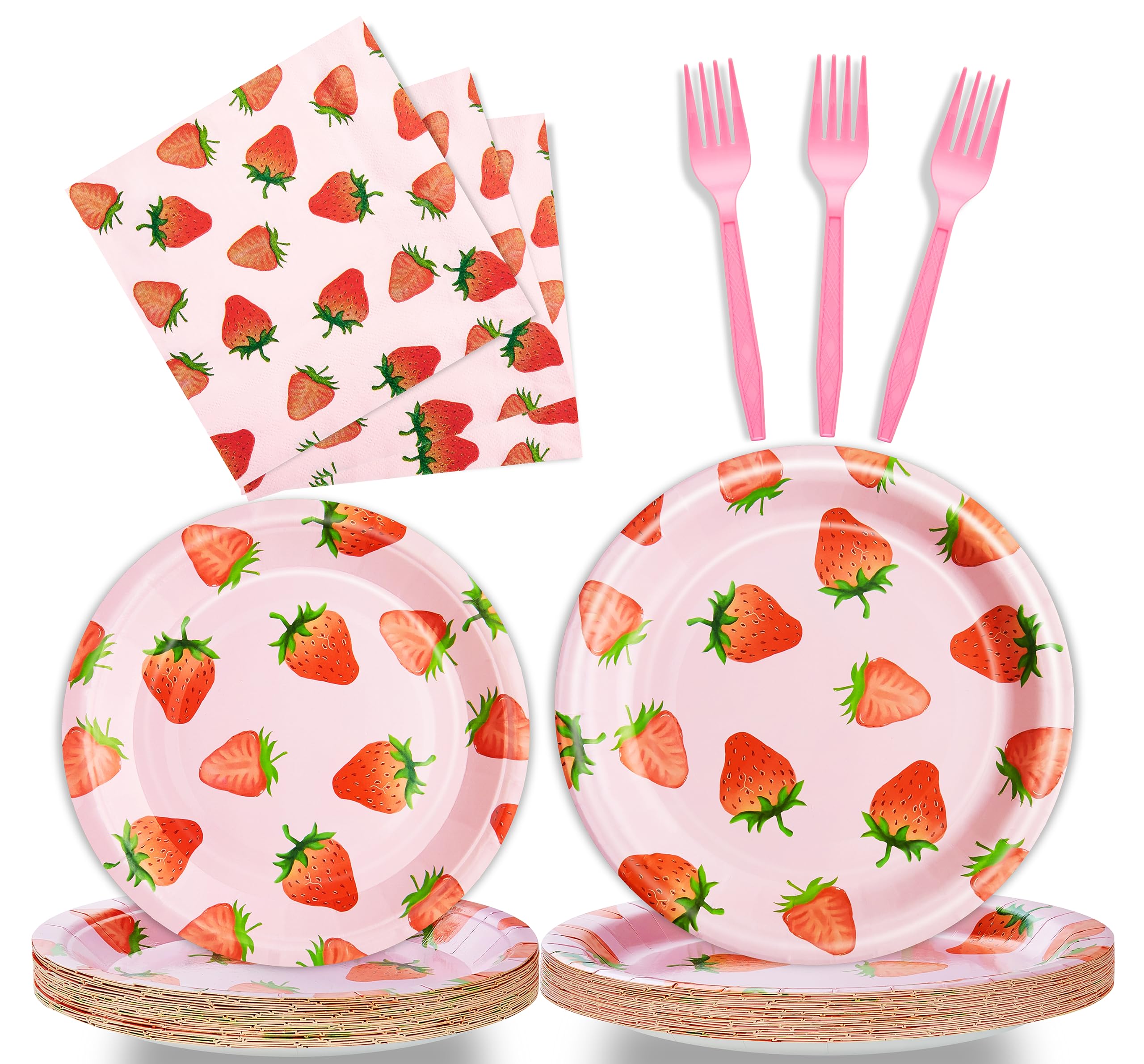 Fesciory 96-Piece Strawberry Party Supplies Set – Disposable Plates, Napkins & Forks for 24 Guests