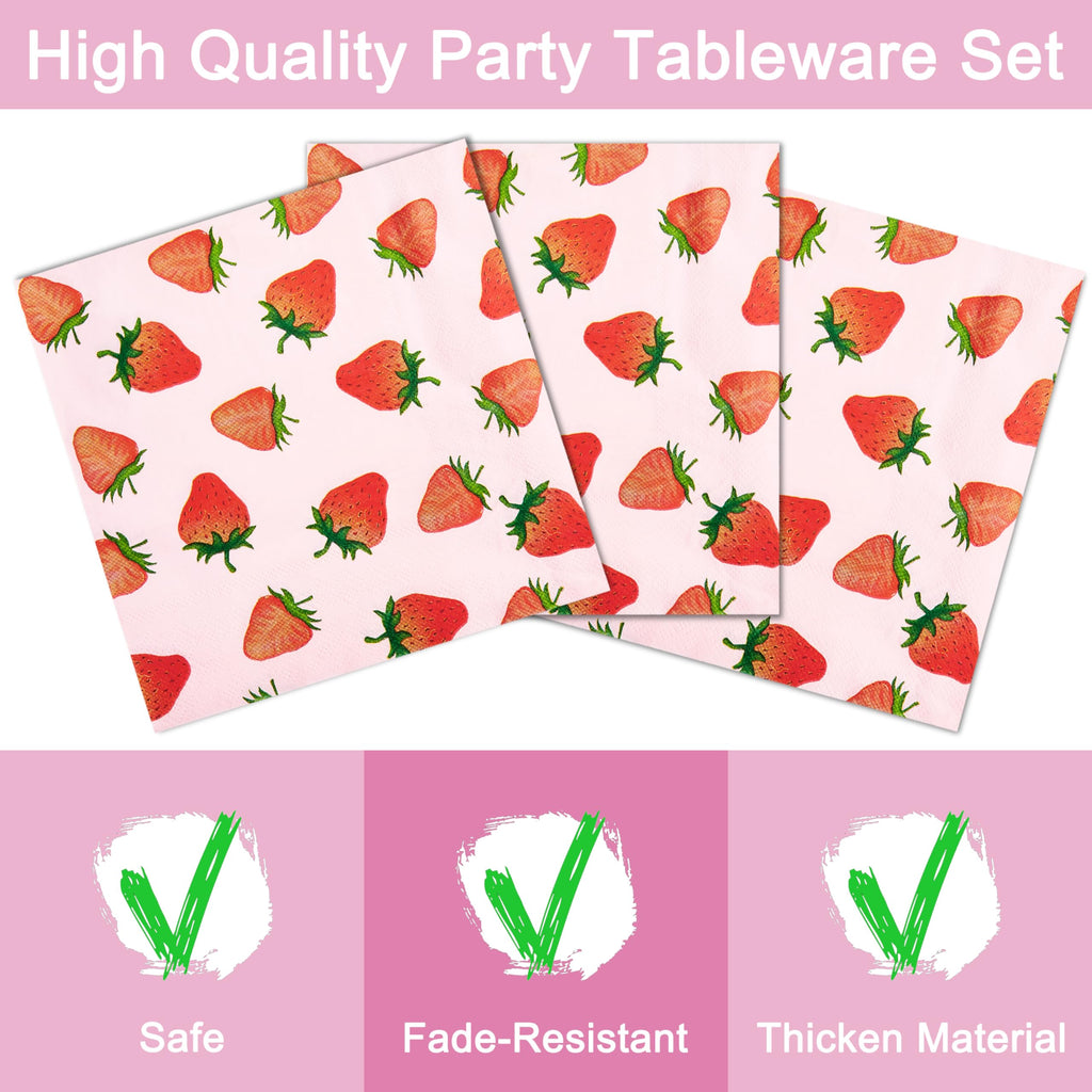 Fesciory 96-Piece Strawberry Party Supplies Set – Disposable Plates, Napkins & Forks for 24 Guests