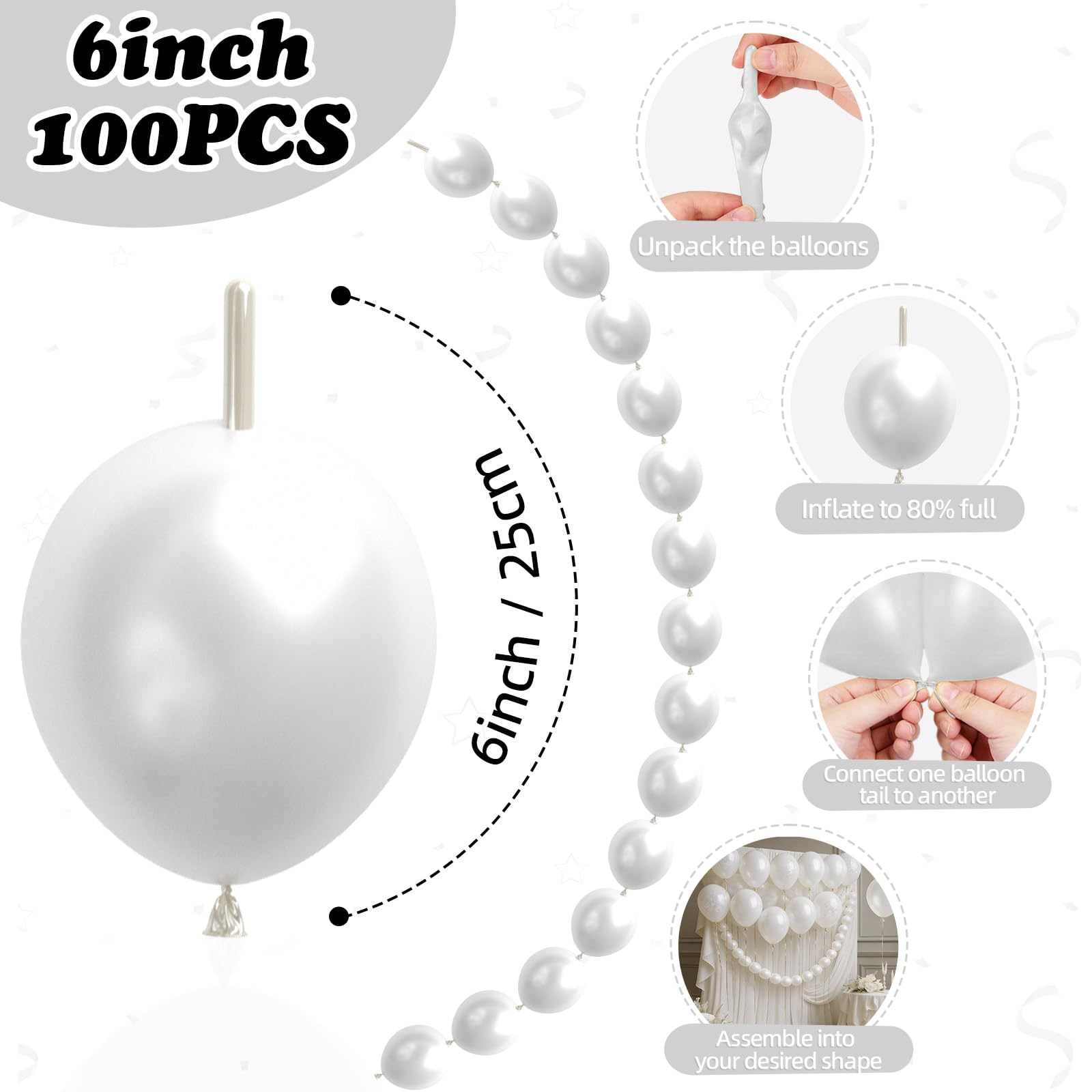 FEYG 100-Pack Pearl White Linking Balloons – 6 Inch Quick Connect Tails for Party Arch Decor