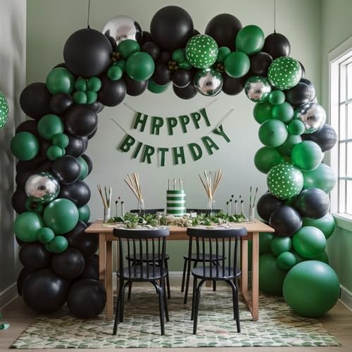 FEYG 120-Piece Green Black Silver Balloon Arch Kit – Easy Assembly, Reusable Latex