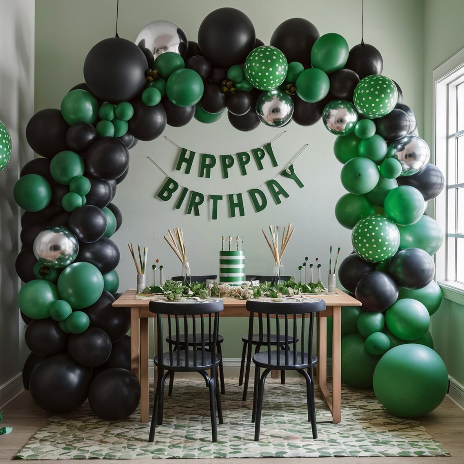 FEYG 120-Piece Green Black Silver Balloon Arch Kit – Easy Assembly, Reusable Latex