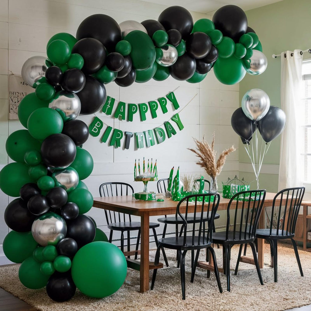 FEYG 120-Piece Green Black Silver Balloon Arch Kit – Easy Assembly, Reusable Latex