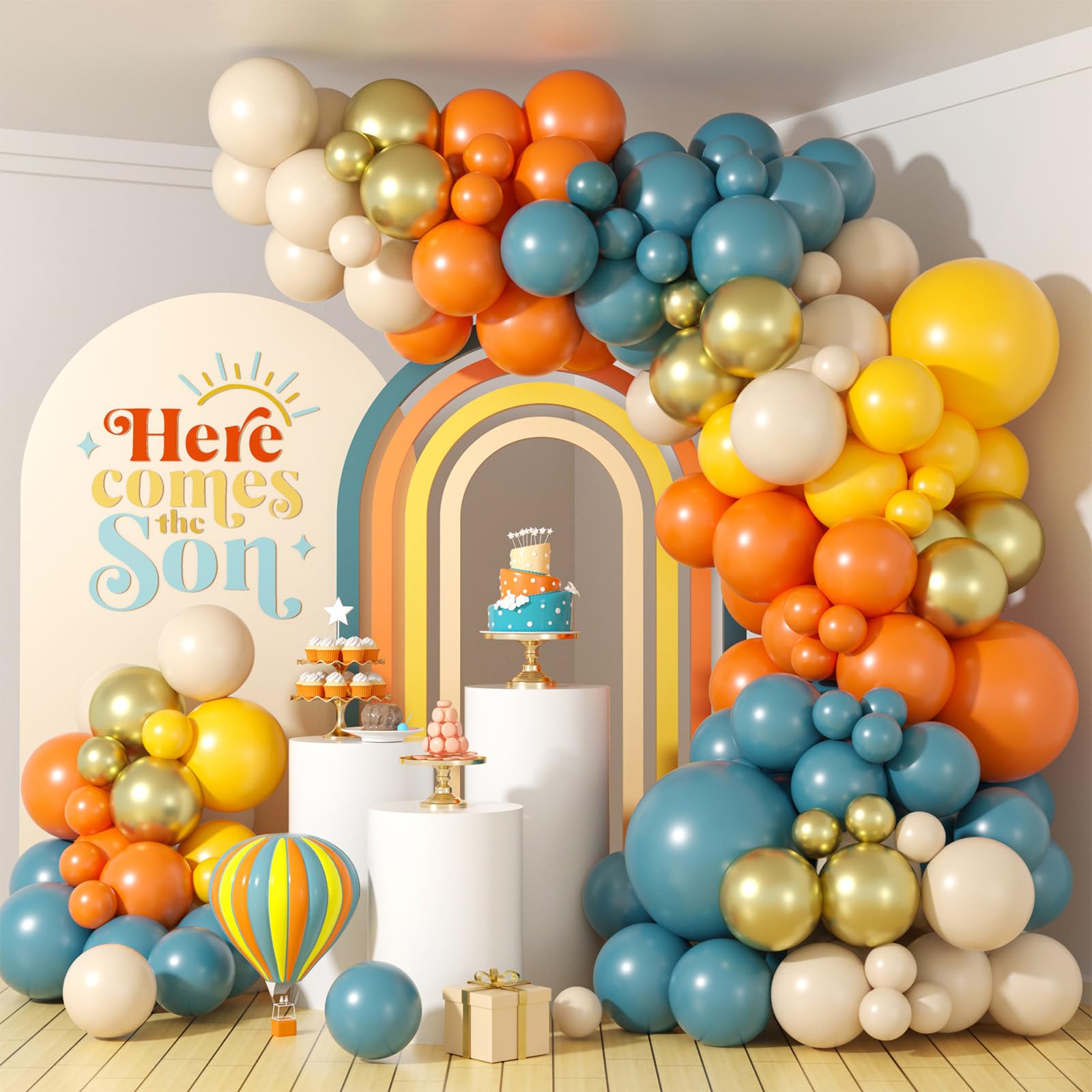 FEYG 120-Piece Retro Blue Orange Yellow Balloon Arch Kit for Party Decor