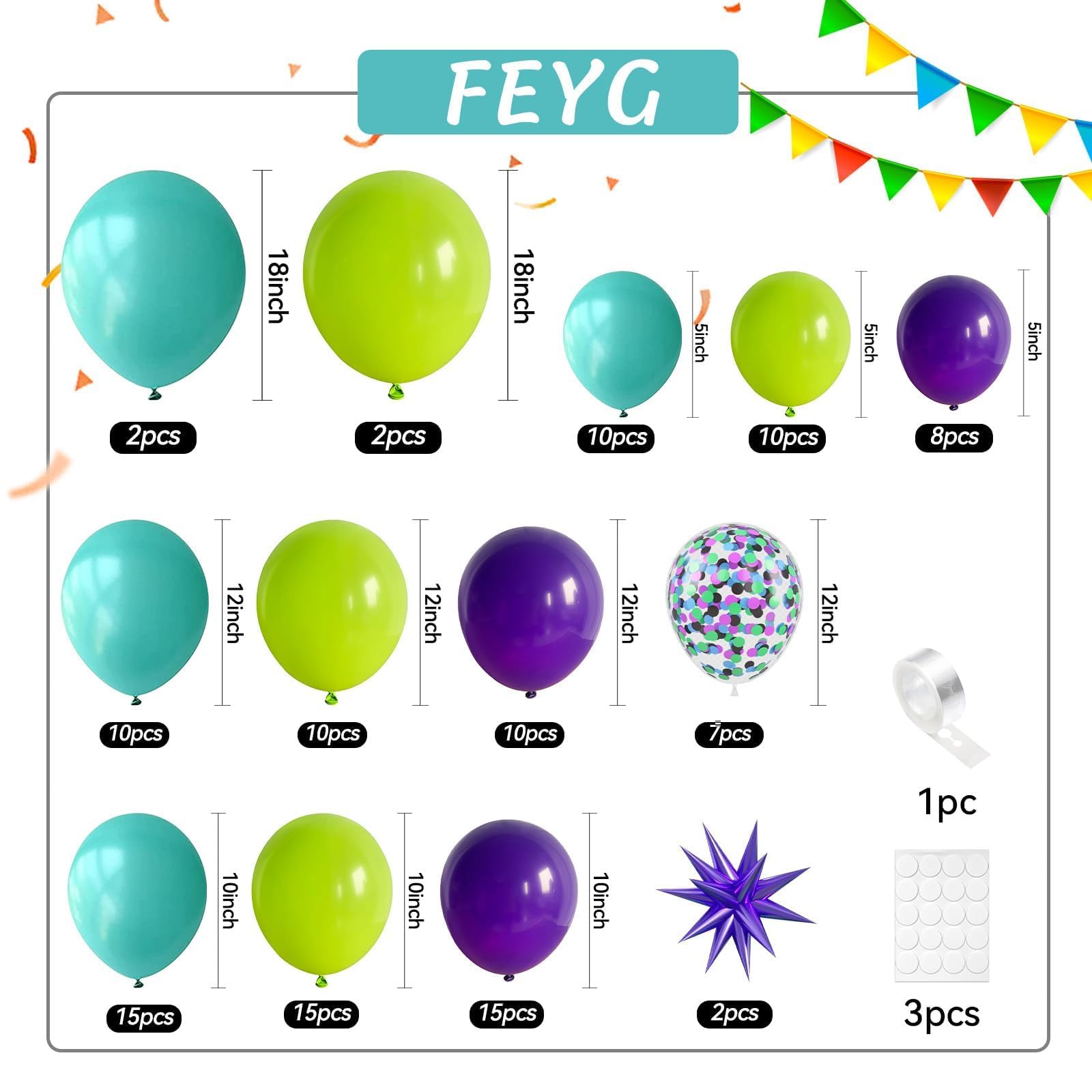 FEYG 126-Piece Green Purple Teal Balloon Arch Kit with Confetti and Star Foil Balloons for Birthday Baby Shower Wedding Decor