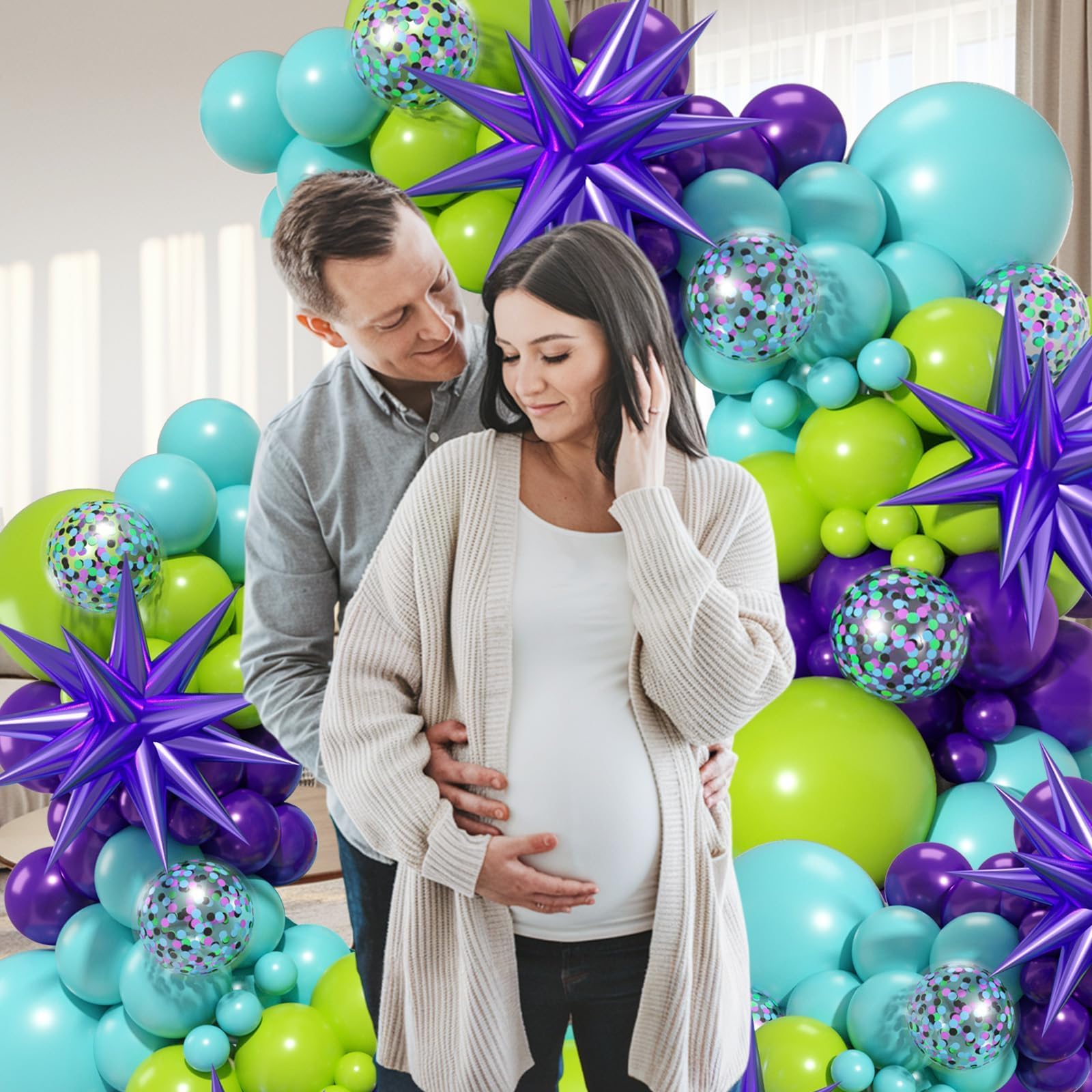 FEYG 126-Piece Green Purple Teal Balloon Arch Kit with Confetti and Star Foil Balloons for Birthday Baby Shower Wedding Decor